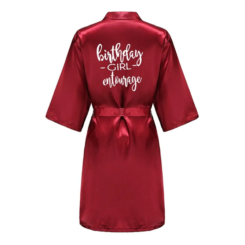 Birthday Party Girl & Entourage Robes Satin Pajamas Dressing Gown Black White Writing Letter Kimono S-4XL