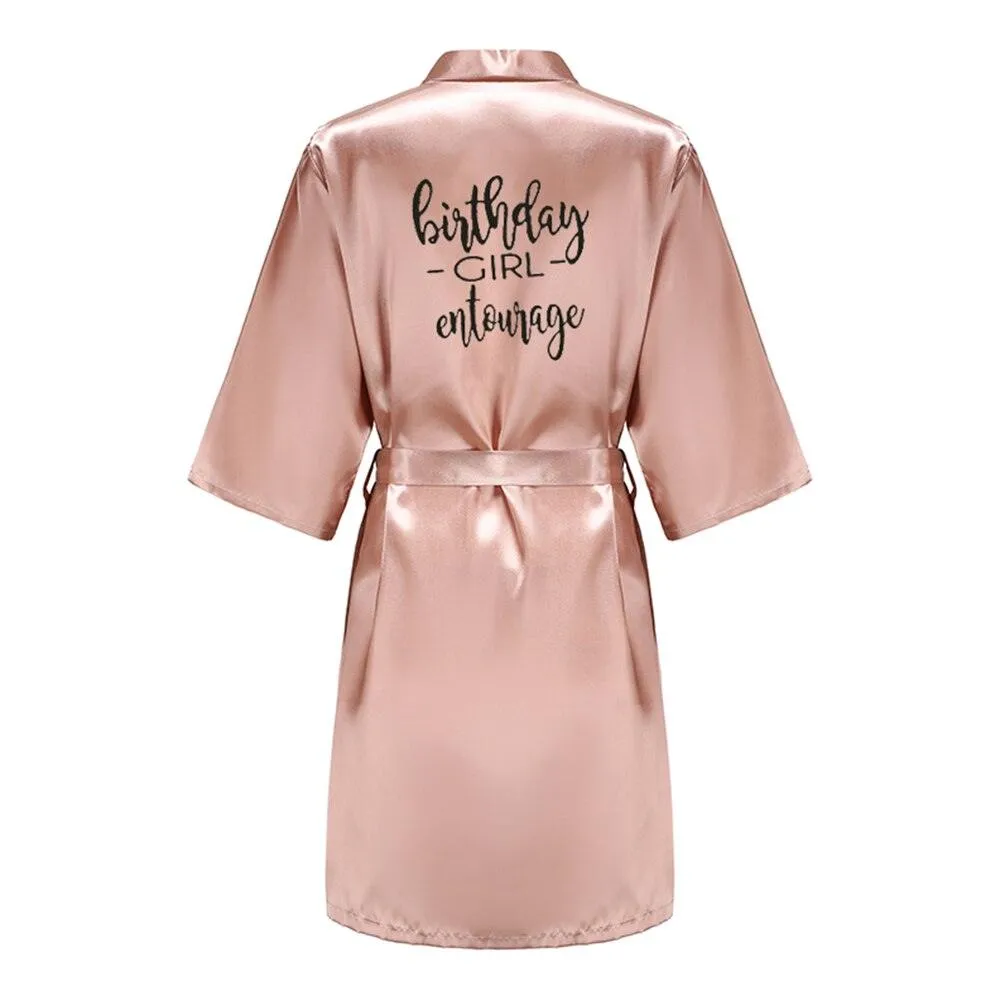 Birthday Party Girl & Entourage Robes Satin Pajamas Dressing Gown Black White Writing Letter Kimono S-4XL
