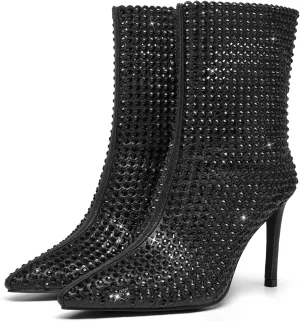 Black Sparkly Rhinestone Ankle Boots for Women Stiletto Heeled Glitter Booties Pointed Toe High Heel Girls Dress Bridal Birthday Party Wedding Anniversary Graduation Prom Shoes 7