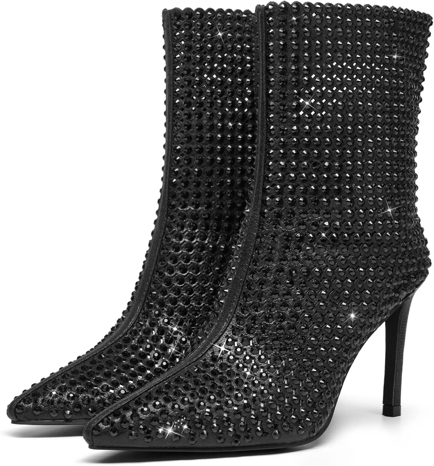 Black Sparkly Rhinestone Ankle Boots for Women Stiletto Heeled Glitter Booties Pointed Toe High Heel Girls Dress Bridal Birthday Party Wedding Anniversary Graduation Prom Shoes 7