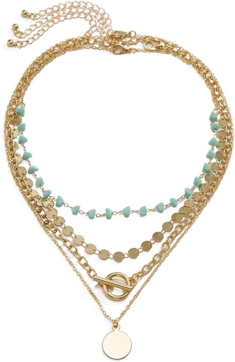 Boho Gold Layered Necklaces for Women,Vintage Long Sequin Y Shape Necklaces,Layered Stacked Pendant Necklace,Coin Pendant Necklace,Multi Boho Turquoise Necklace,Summer Bohemian Country Concert Jewelry