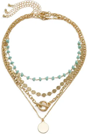 Boho Gold Layered Necklaces for Women,Vintage Long Sequin Y Shape Necklaces,Layered Stacked Pendant Necklace,Coin Pendant Necklace,Multi Boho Turquoise Necklace,Summer Bohemian Country Concert Jewelry