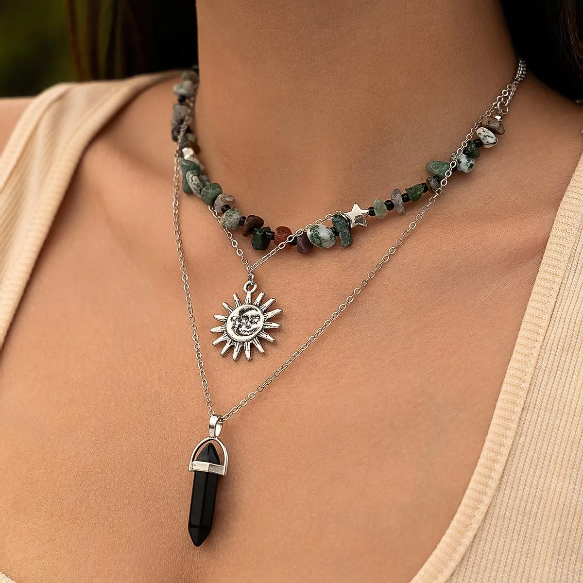 Boho Necklace Healing Nature Crystal Necklace Hippie Necklaces Layering Necklaces Moon Sun Star Pendant Choker Necklace Gothic Jewelry For Women