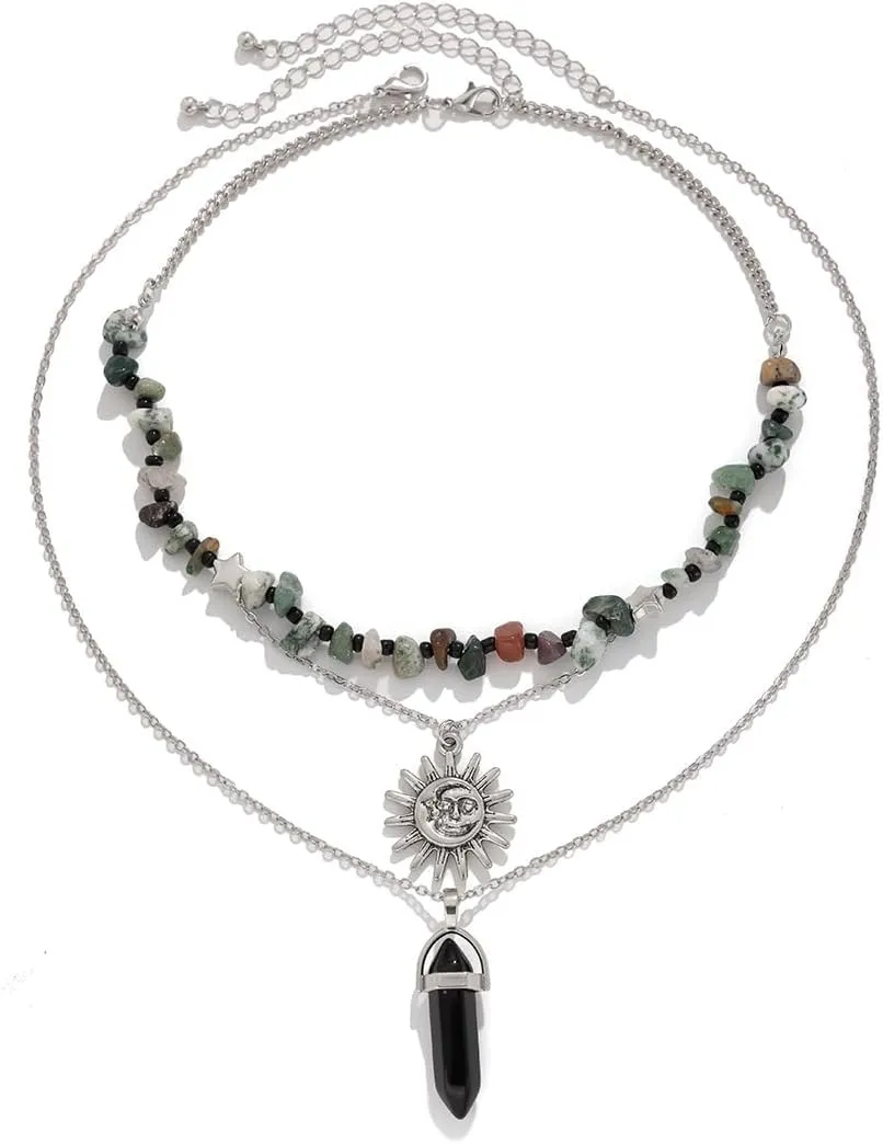 Boho Necklace Healing Nature Crystal Necklace Hippie Necklaces Layering Necklaces Moon Sun Star Pendant Choker Necklace Gothic Jewelry For Women