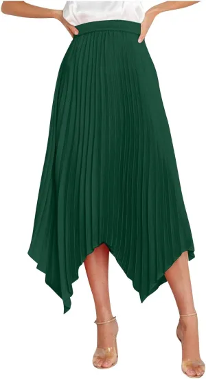 Boho Skirts for Women Casual Soft High Waisted Asymmetrical Maxi Skirt Womens Summer Long Pleated Skirt Midi Length