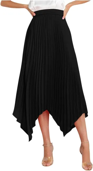 Boho Skirts for Women Casual Soft High Waisted Asymmetrical Maxi Skirt Womens Summer Long Pleated Skirt Midi Length