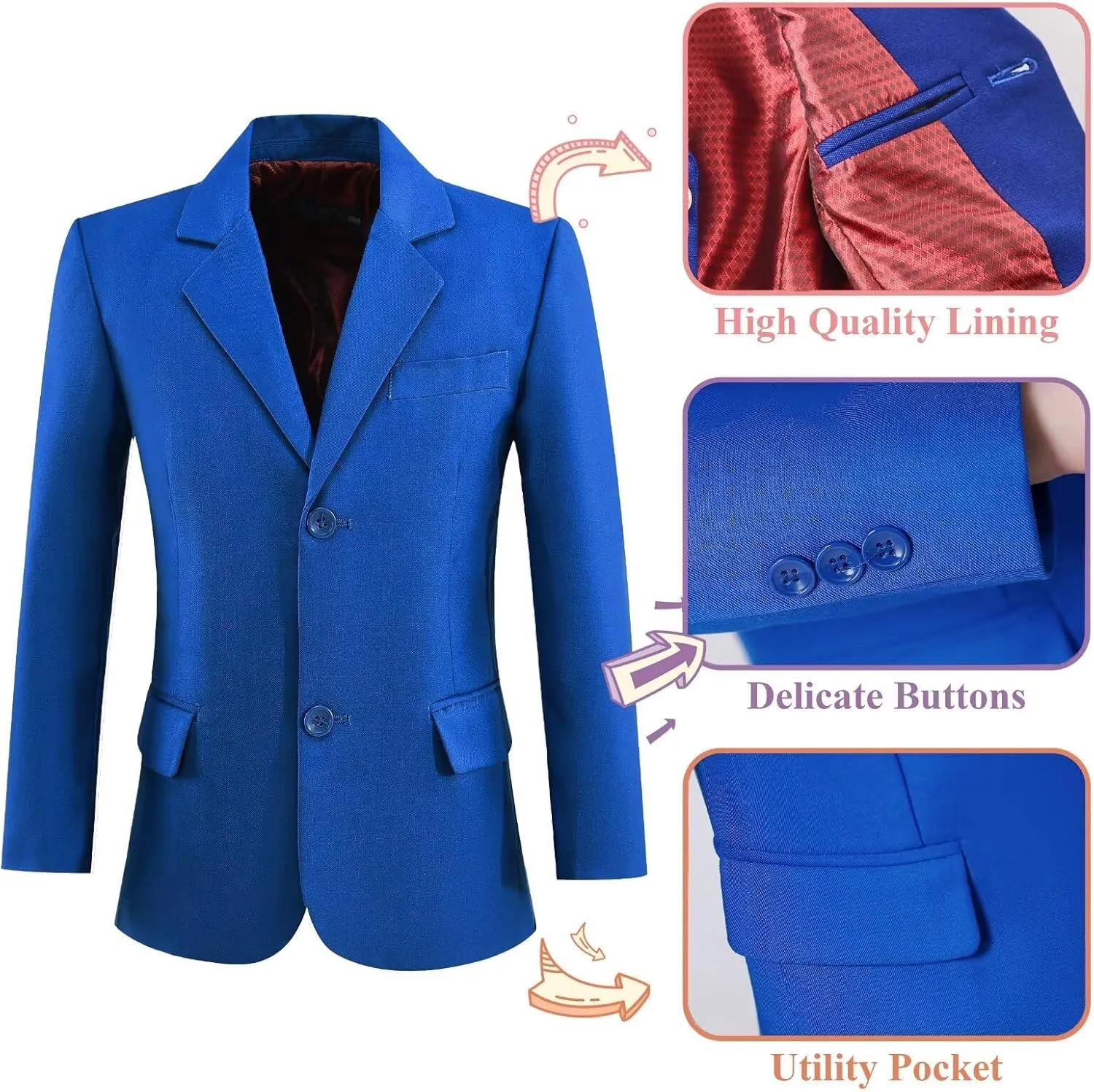 Boys' Blazer Suit Jacket Formal Sport Coats with Bowtie Solid Color Tuxedo Blazers for Boy Dinner Party