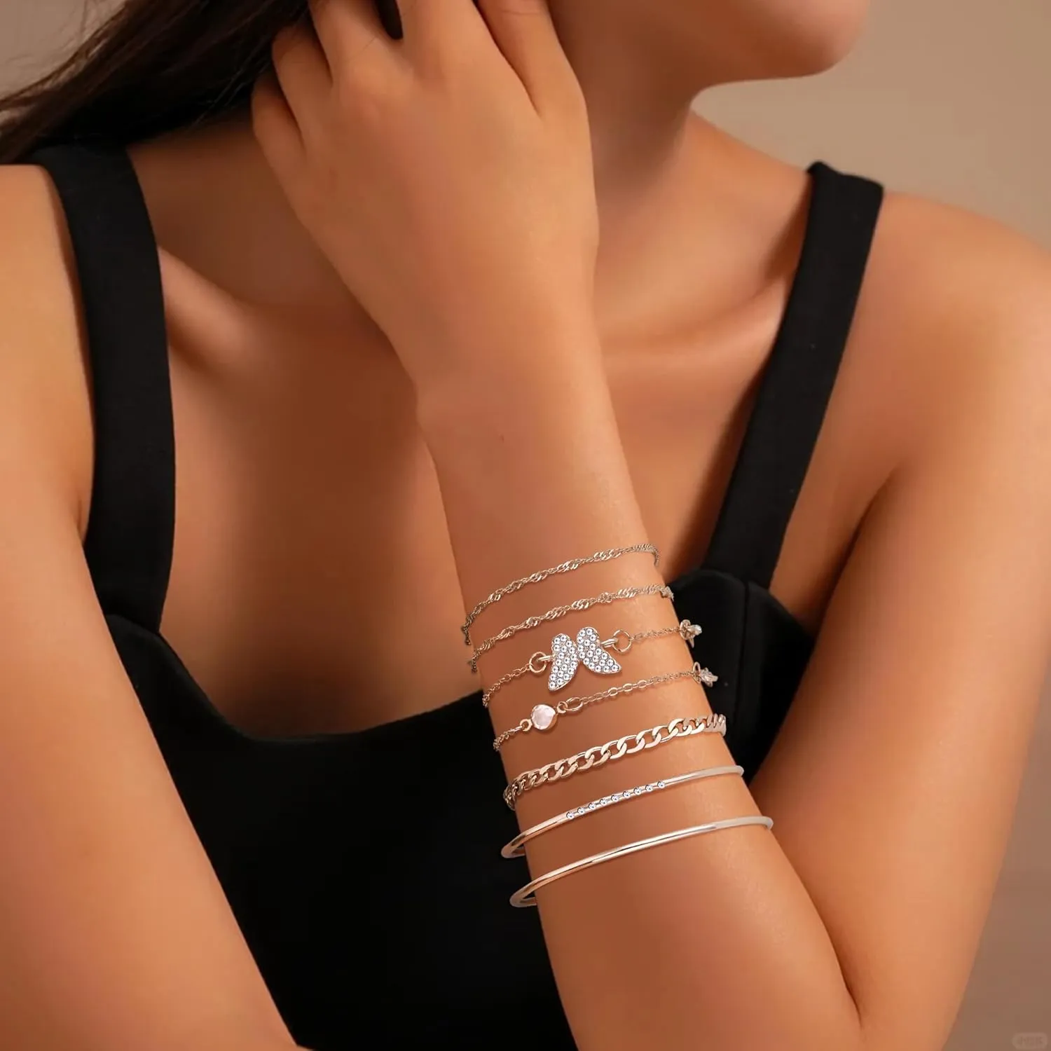 Bracelet for Women Chain Link Charm Bracelets Dainty Heart Butterfly Stackable Paperclip Satellite Herringbone Figaro Rope Chains Slave Bracelets Jewelry Gifts Birthday Anniversary Christmas Party
