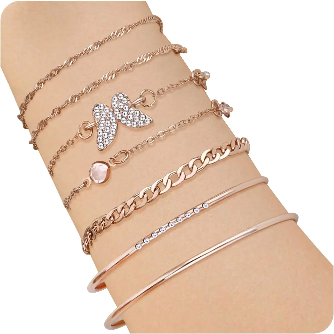 Bracelet for Women Chain Link Charm Bracelets Dainty Heart Butterfly Stackable Paperclip Satellite Herringbone Figaro Rope Chains Slave Bracelets Jewelry Gifts Birthday Anniversary Christmas Party