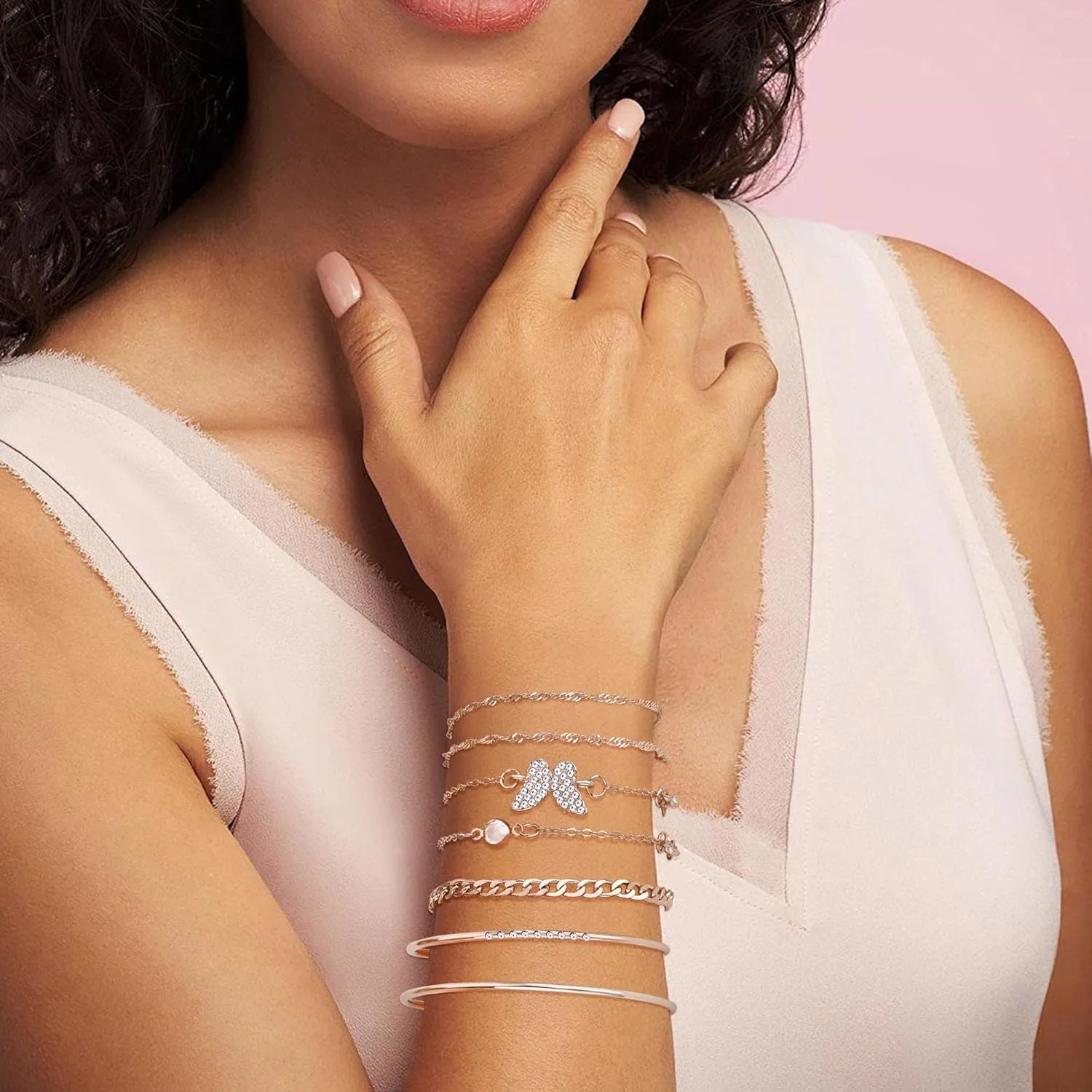 Bracelet for Women Chain Link Charm Bracelets Dainty Heart Butterfly Stackable Paperclip Satellite Herringbone Figaro Rope Chains Slave Bracelets Jewelry Gifts Birthday Anniversary Christmas Party