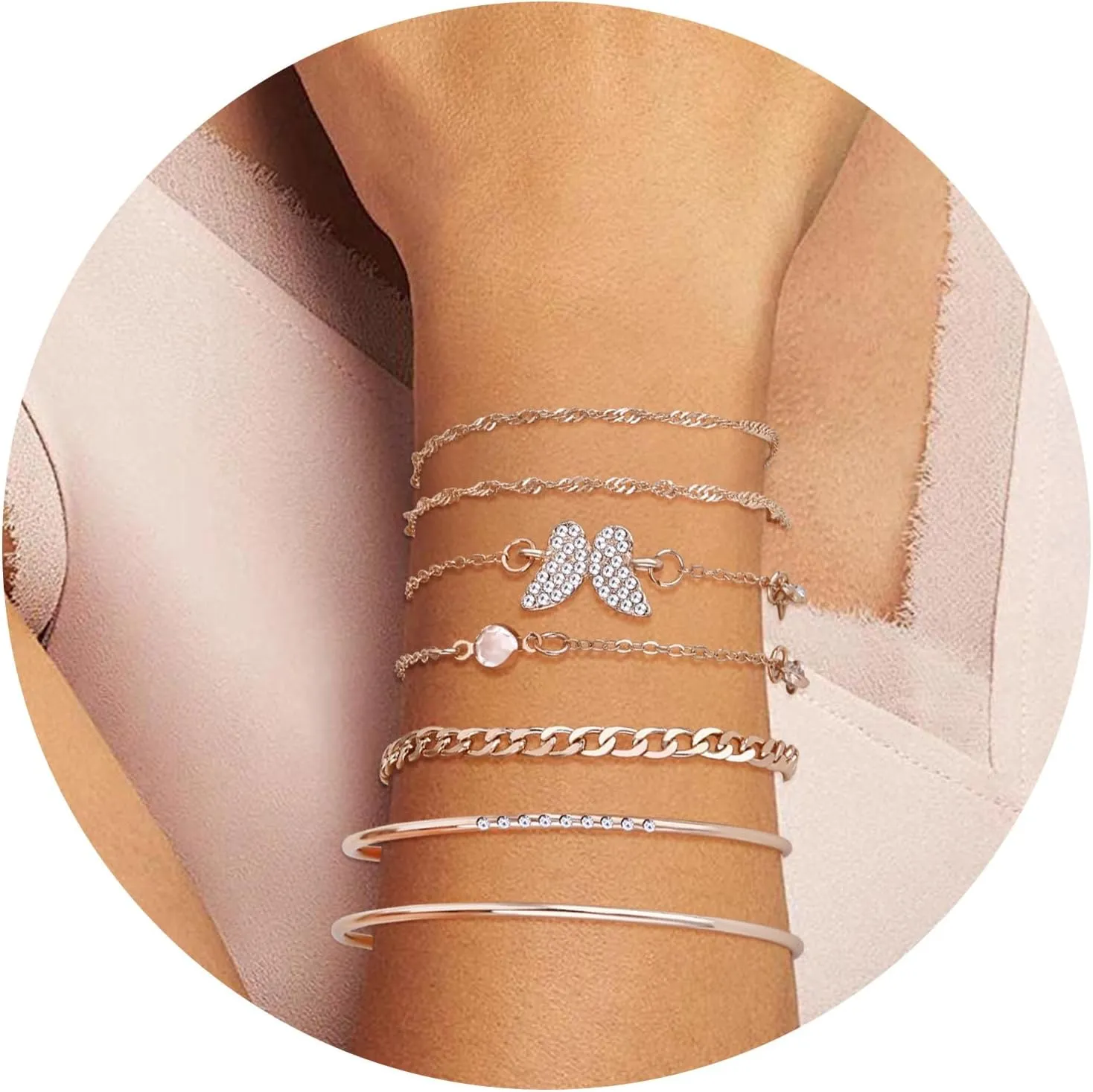 Bracelet for Women Chain Link Charm Bracelets Dainty Heart Butterfly Stackable Paperclip Satellite Herringbone Figaro Rope Chains Slave Bracelets Jewelry Gifts Birthday Anniversary Christmas Party