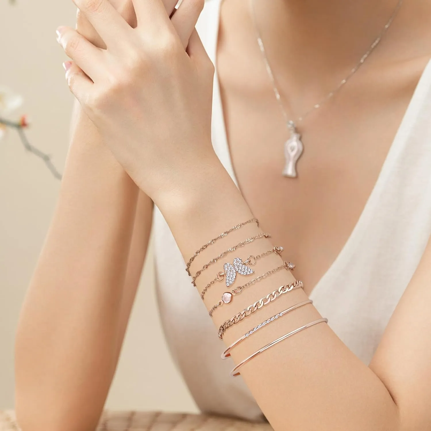 Bracelet for Women Chain Link Charm Bracelets Dainty Heart Butterfly Stackable Paperclip Satellite Herringbone Figaro Rope Chains Slave Bracelets Jewelry Gifts Birthday Anniversary Christmas Party