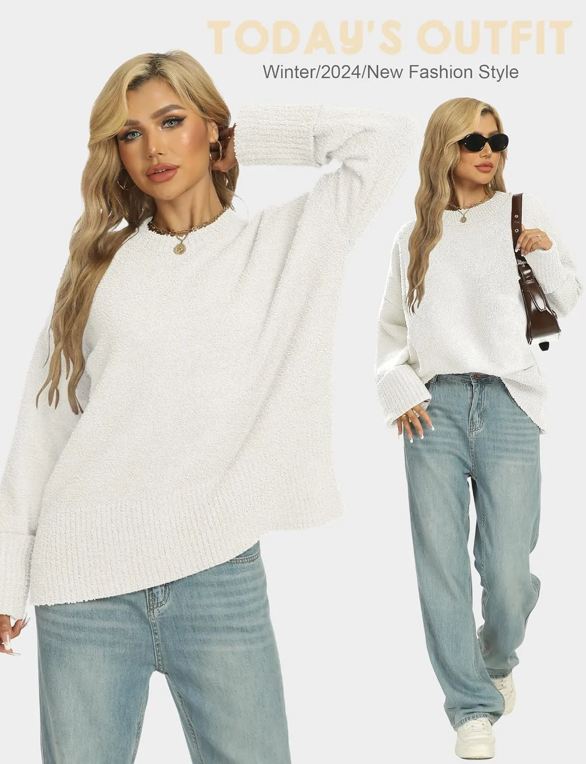 Buauty Womens Oversized Long Sleeve Crewneck Fall Sweaters Chunky Fuzzy Knit Pullover Clothes 2025 Trendy Outfits