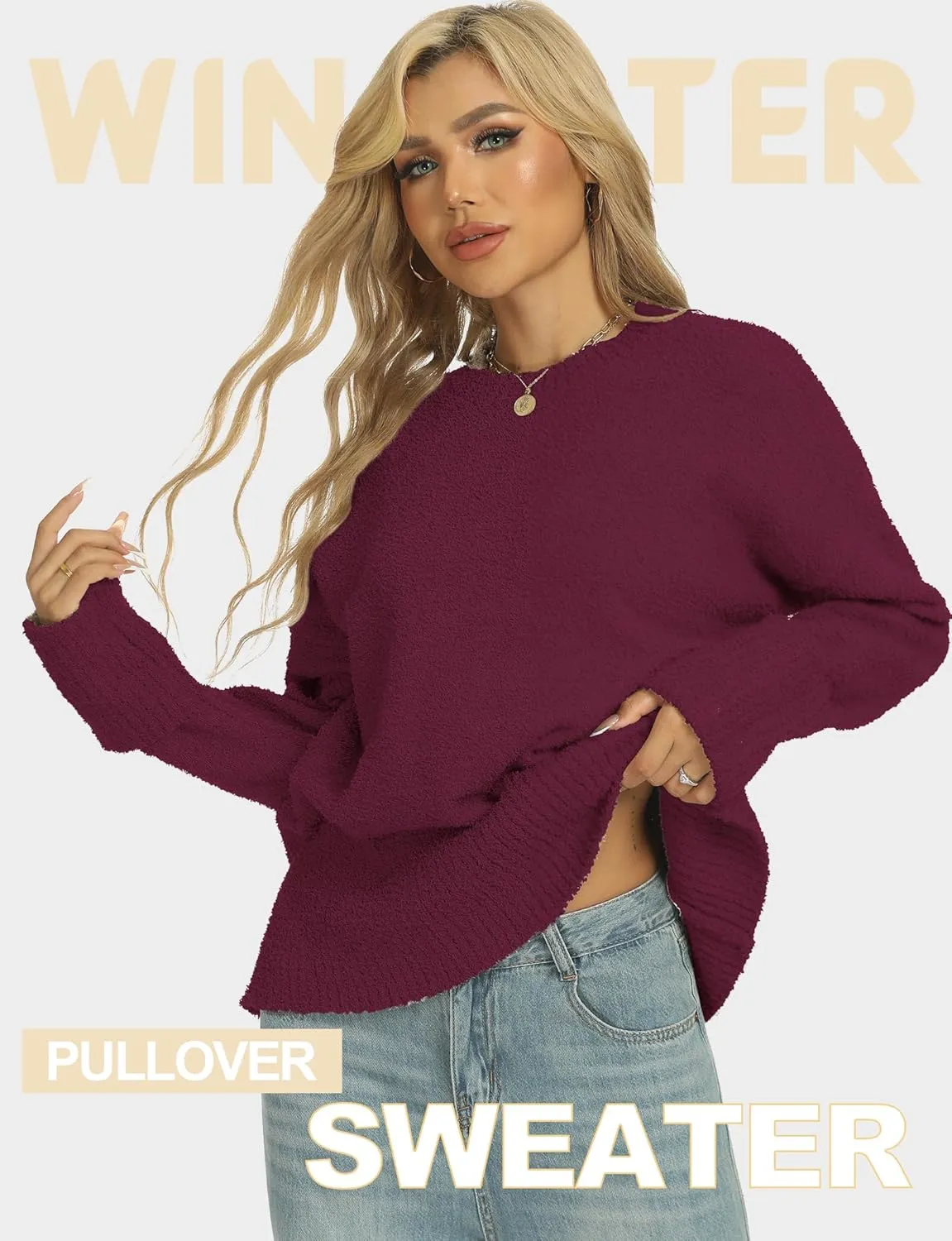 Buauty Womens Oversized Long Sleeve Crewneck Fall Sweaters Chunky Fuzzy Knit Pullover Clothes 2025 Trendy Outfits