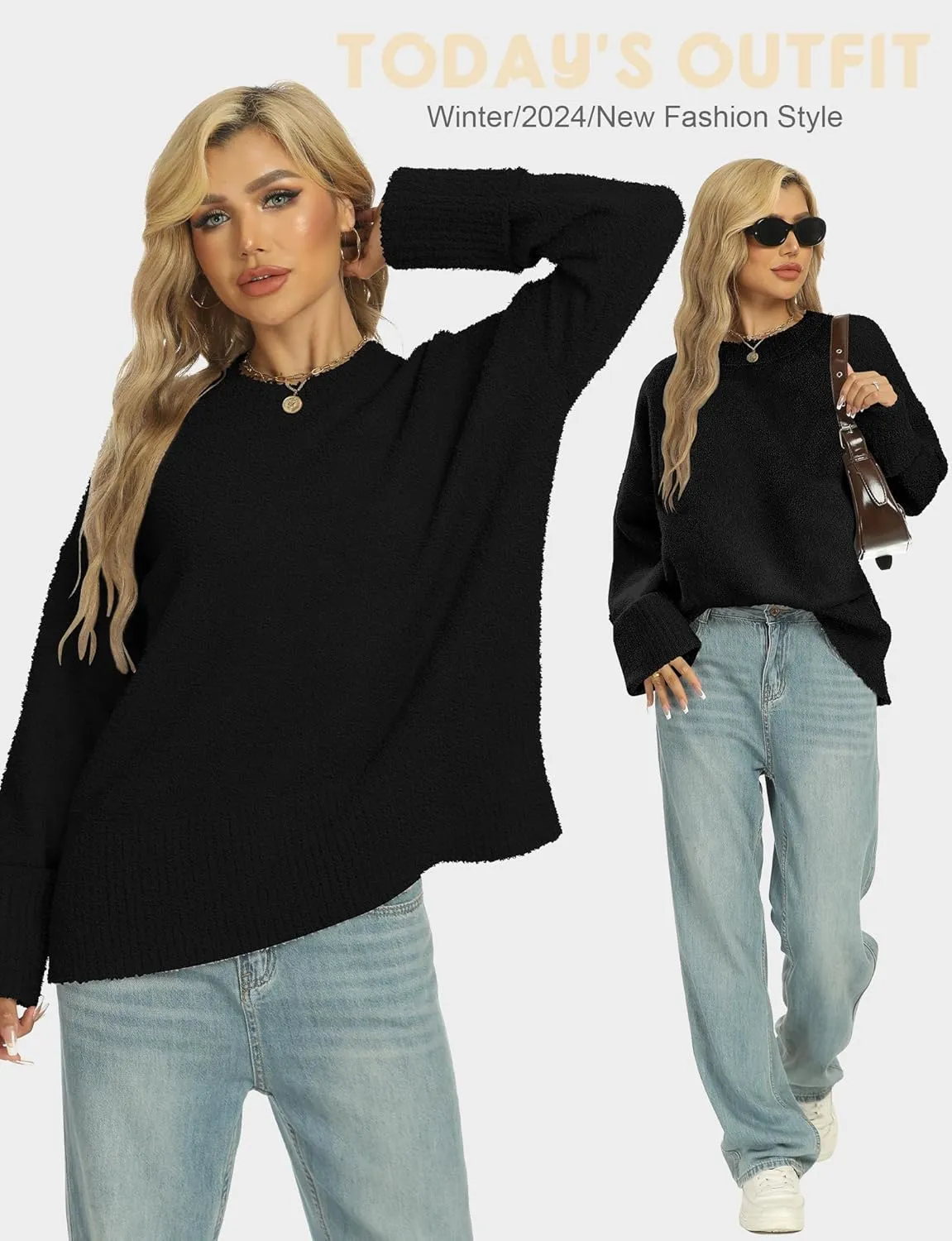 Buauty Womens Oversized Long Sleeve Crewneck Fall Sweaters Chunky Fuzzy Knit Pullover Clothes 2025 Trendy Outfits