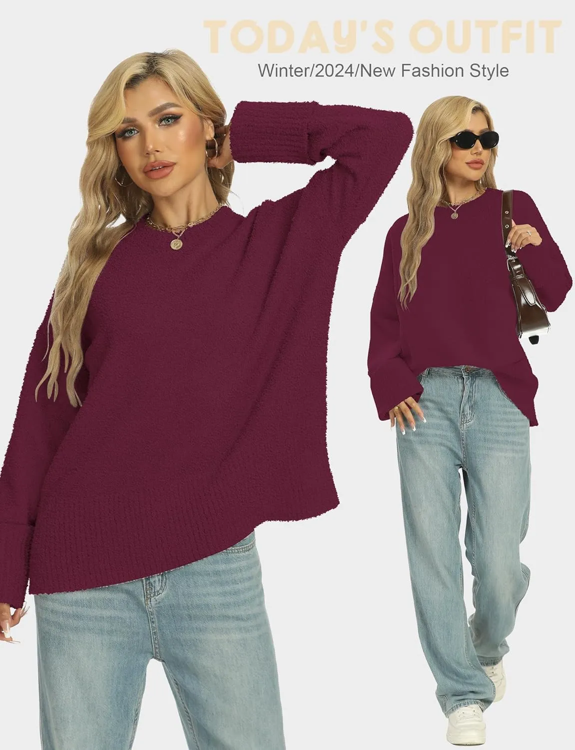 Buauty Womens Oversized Long Sleeve Crewneck Fall Sweaters Chunky Fuzzy Knit Pullover Clothes 2025 Trendy Outfits