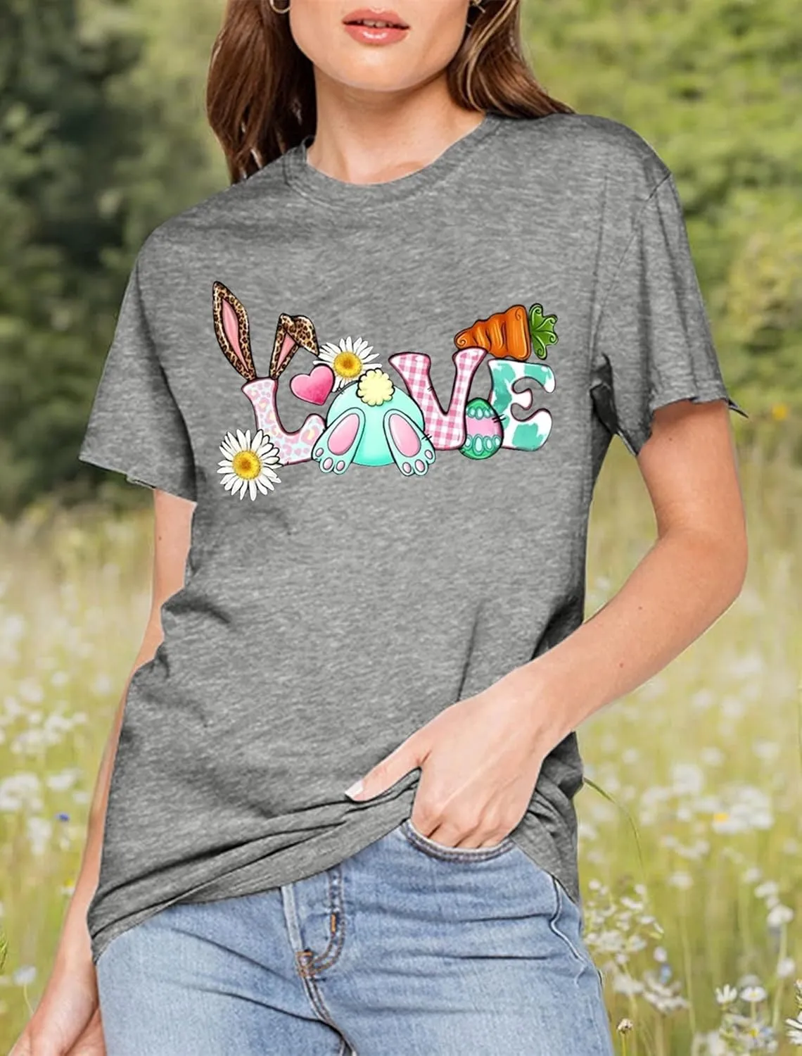 Bunny with Leopard Glasses Shirts for Women Cute Easter Graphic T Shirt Casual Spring Tops Comfortable Tee