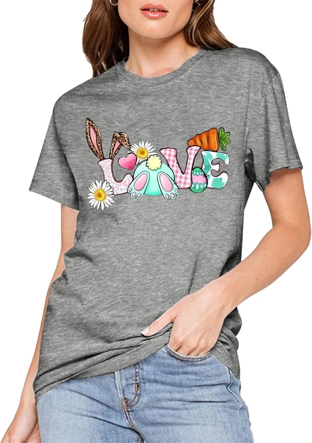 Bunny with Leopard Glasses Shirts for Women Cute Easter Graphic T Shirt Casual Spring Tops Comfortable Tee
