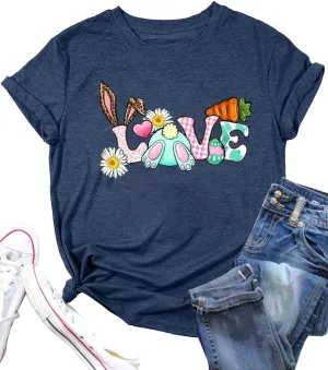 Bunny with Leopard Glasses Shirts for Women Cute Easter Graphic T Shirt Casual Spring Tops Comfortable Tee