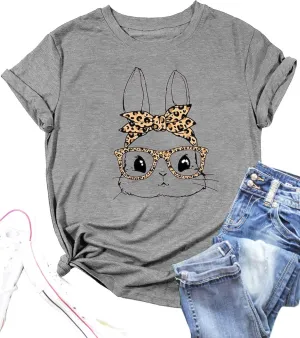 Bunny with Leopard Glasses Shirts for Women Cute Easter Graphic T Shirt Casual Spring Tops Comfortable Tee