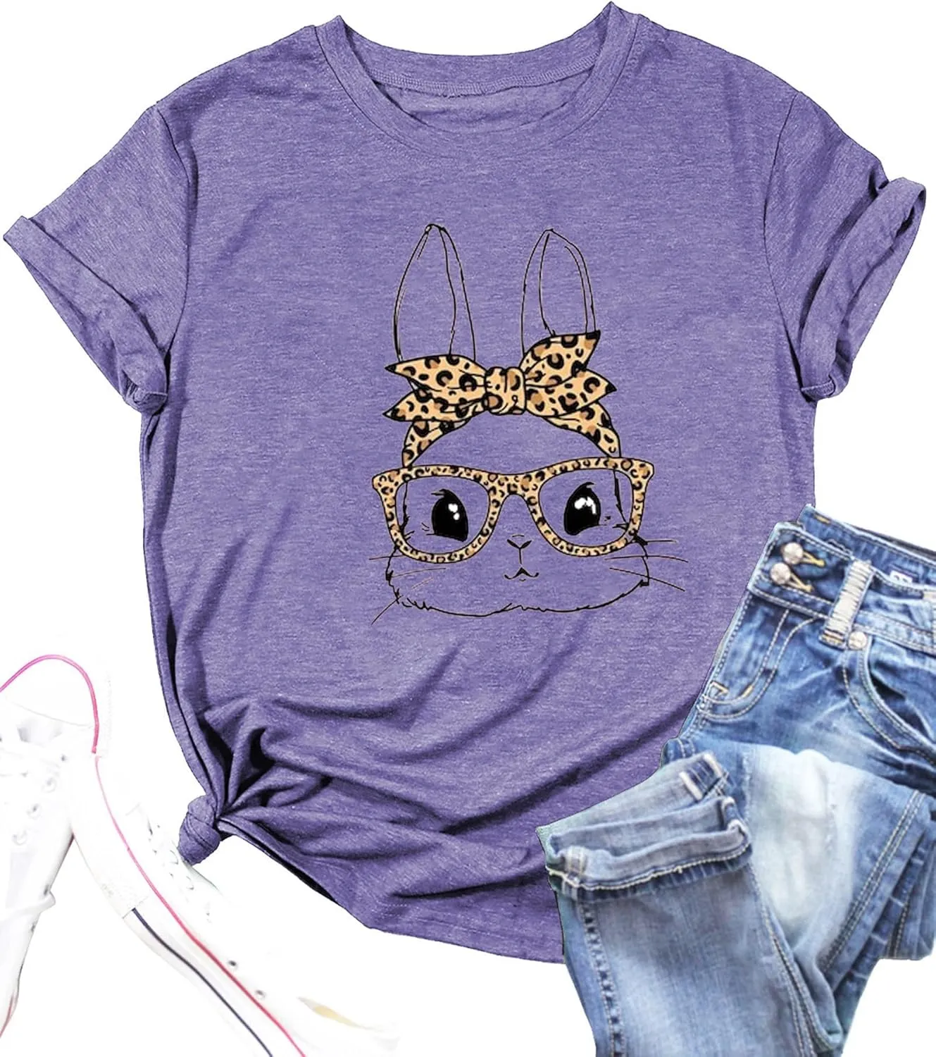 Bunny with Leopard Glasses Shirts for Women Cute Easter Graphic T Shirt Casual Spring Tops Comfortable Tee