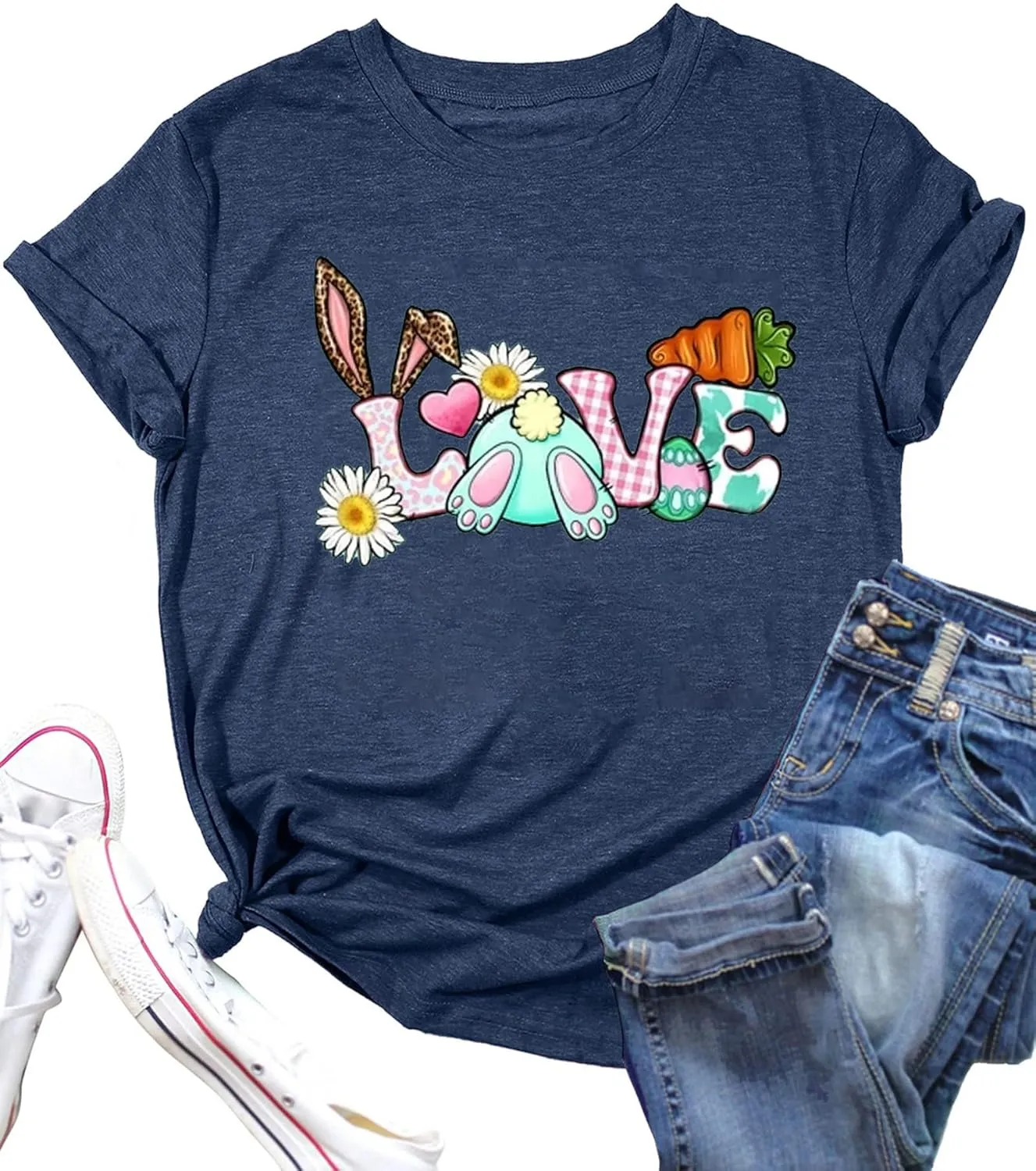 Bunny with Leopard Glasses Shirts for Women Cute Easter Graphic T Shirt Casual Spring Tops Comfortable Tee