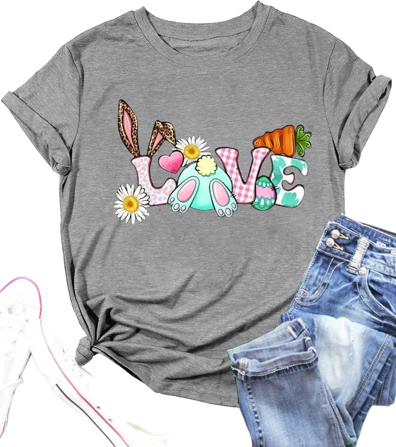 Bunny with Leopard Glasses Shirts for Women Cute Easter Graphic T Shirt Casual Spring Tops Comfortable Tee