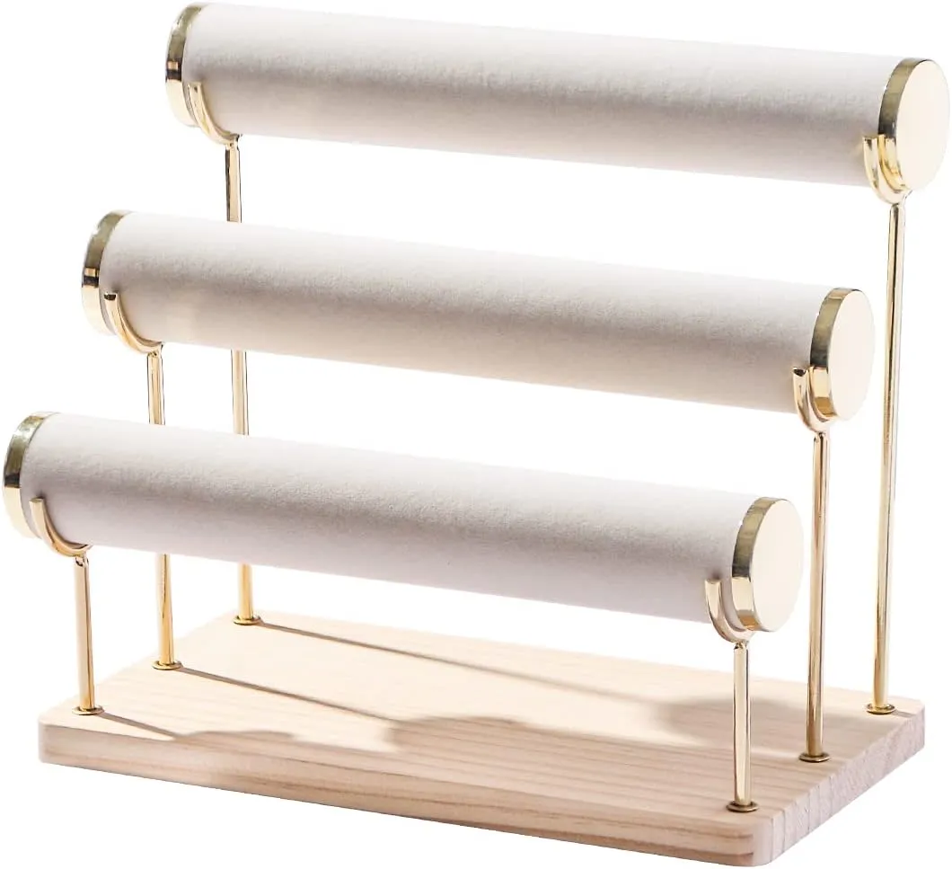 Byken 3 Tier Bracelet Holder,Jewelry Displays for Selling,Detachable Beige Velvet Jewelry Organizer Stand for Necklace Watches Hair Ties Scrunchie,Beige Gold Wood