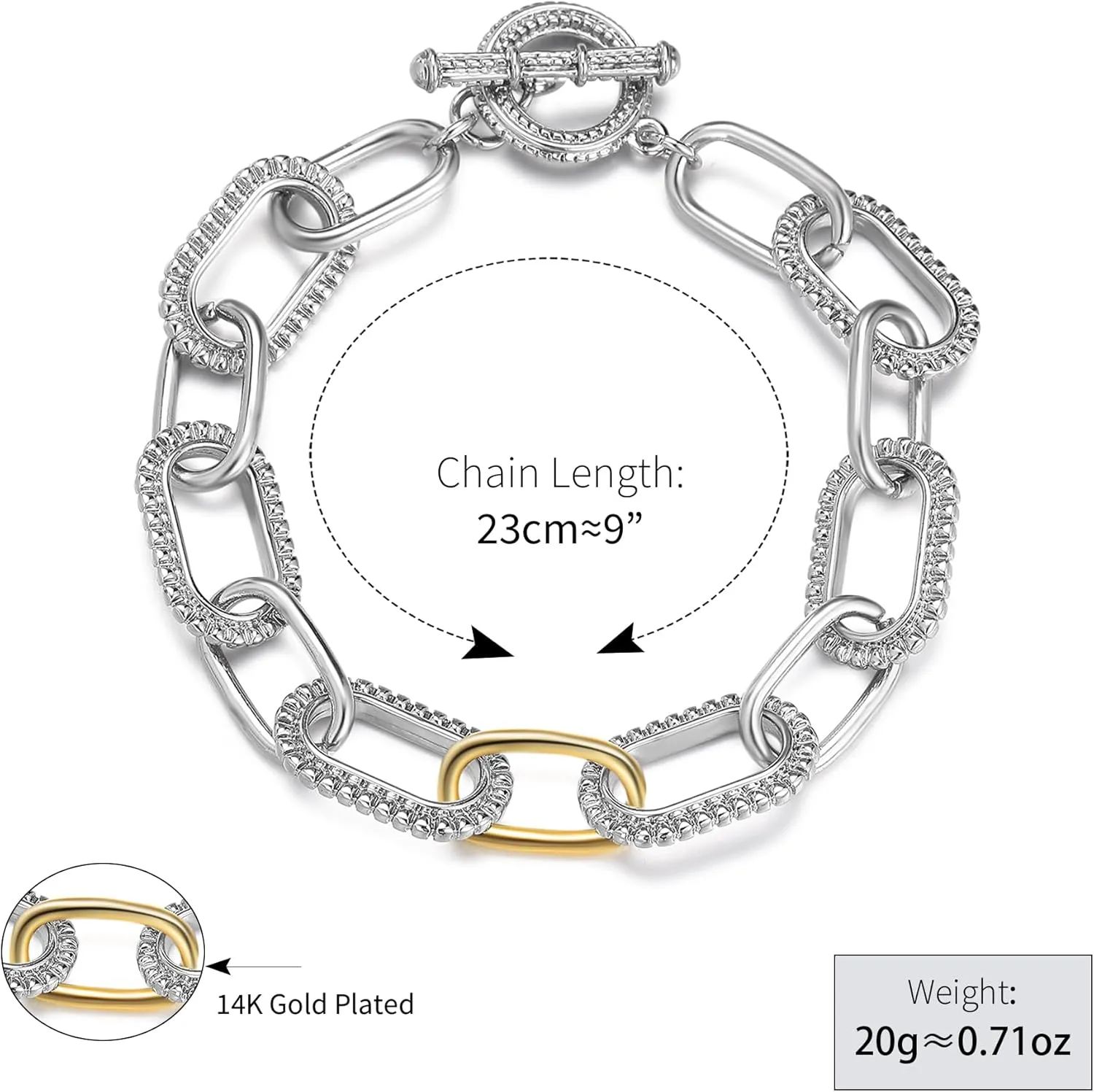 Cable Link Chain Bracelets for Women, Two Tone Link Bracelets Gold and Silver Circles Vintage Bracelets Wire Bangle Designer Inspired Jewelry Gifts