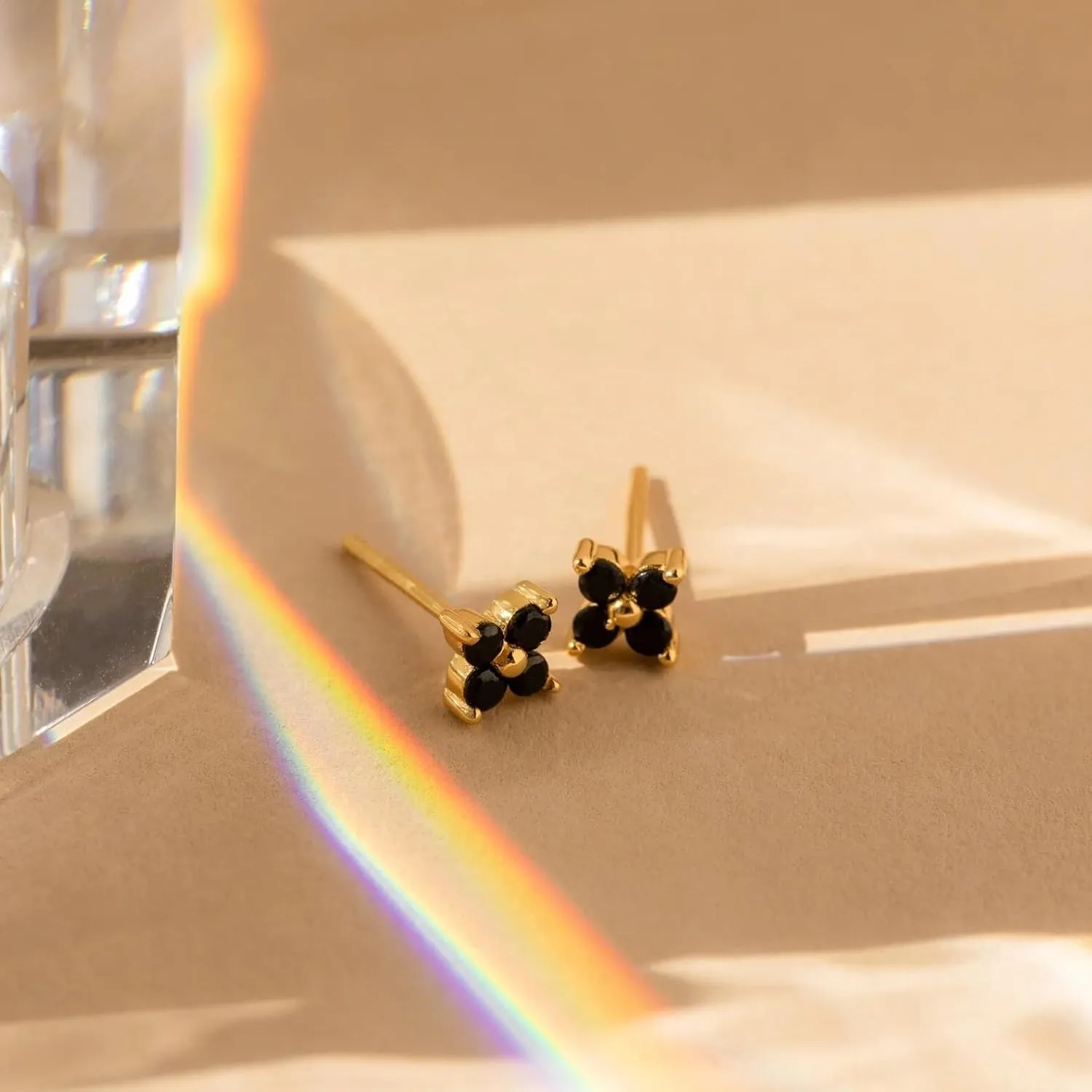 CAITLYNMINIMALIST Dainty Black Onyx Midnight 18K Gold Sterling Silver Contrast Flower Drop Stud Earrings for Women Gift for Her