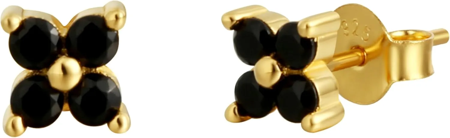 CAITLYNMINIMALIST Dainty Black Onyx Midnight 18K Gold Sterling Silver Contrast Flower Drop Stud Earrings for Women Gift for Her