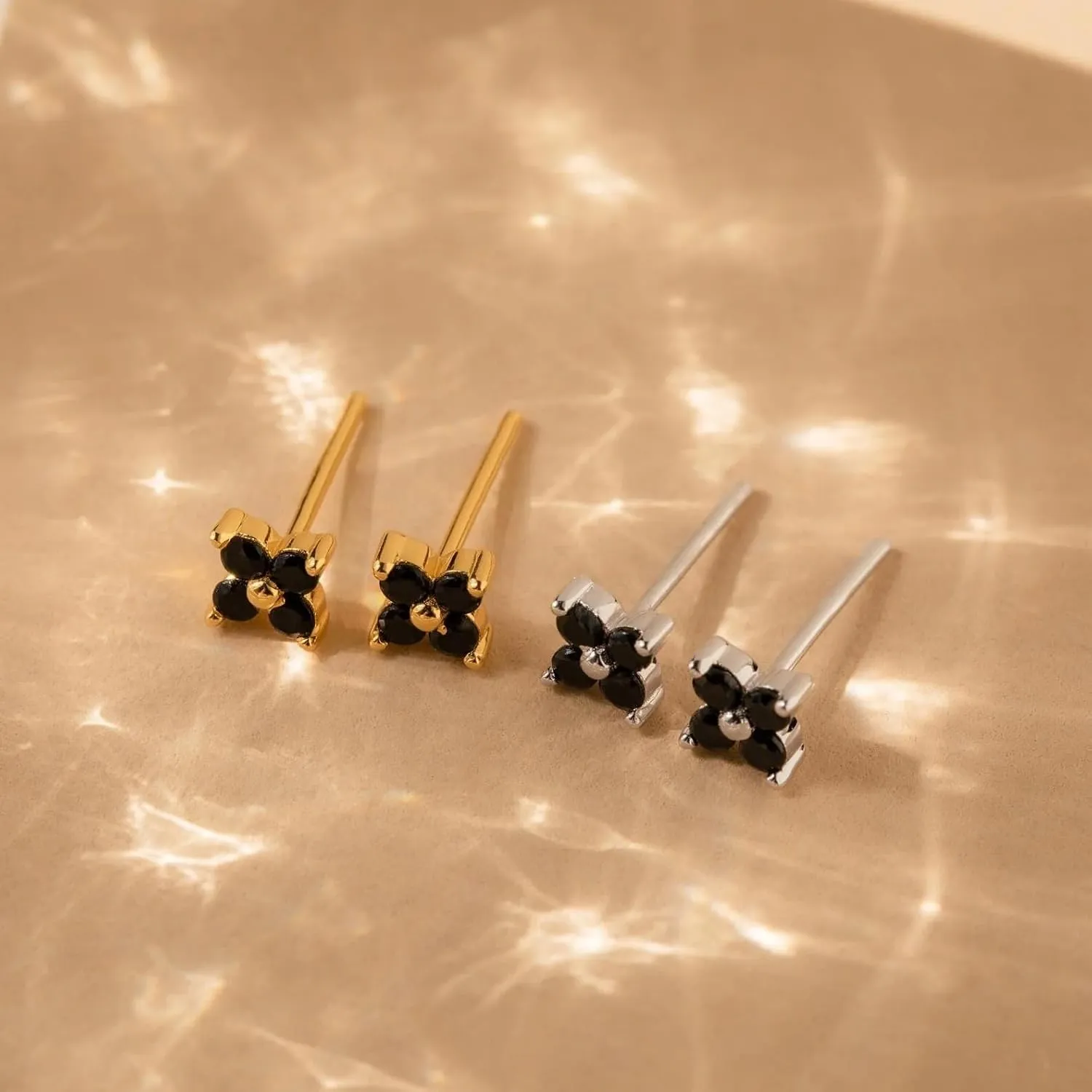 CAITLYNMINIMALIST Dainty Black Onyx Midnight 18K Gold Sterling Silver Contrast Flower Drop Stud Earrings for Women Gift for Her