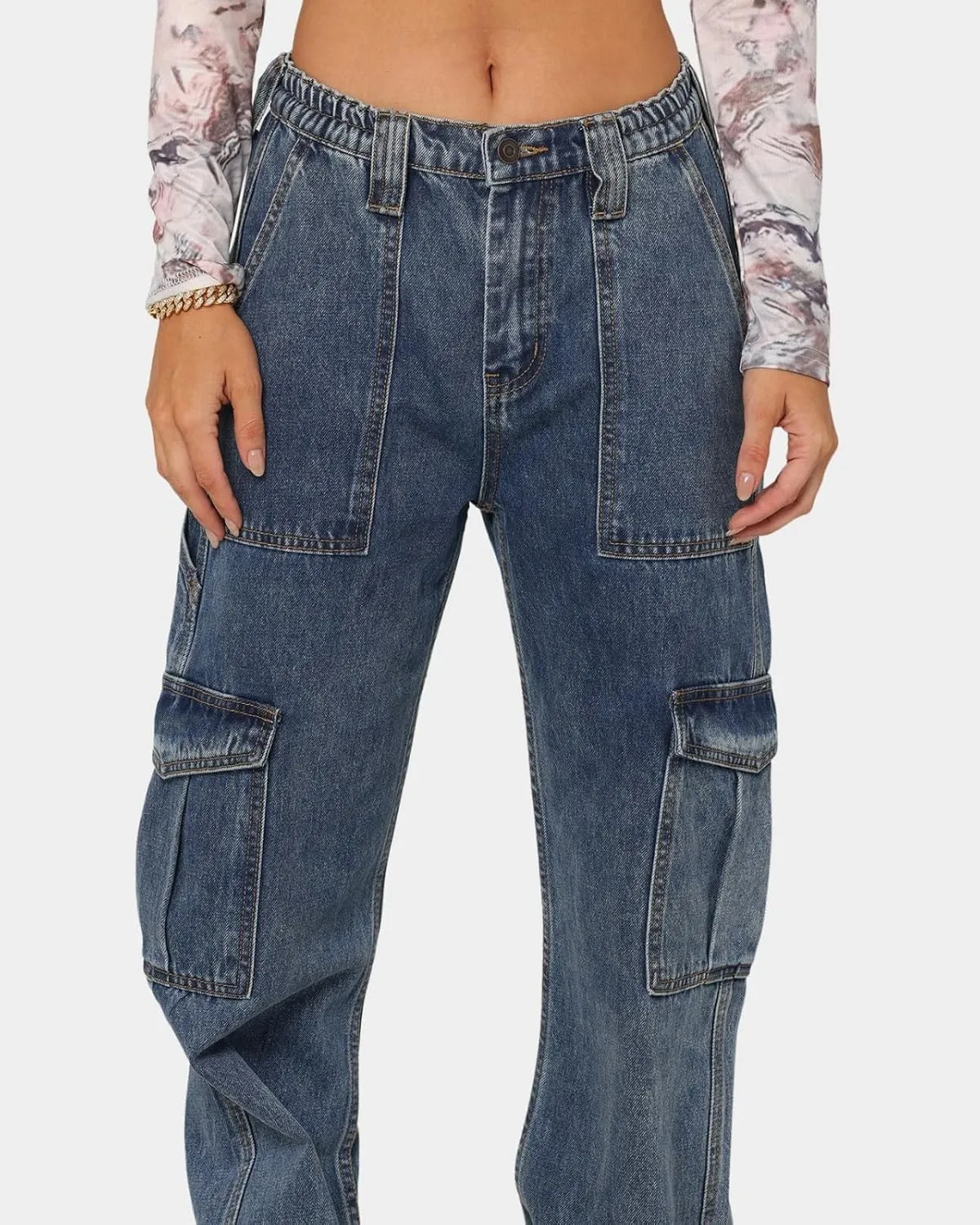 Cargo Jeans for Women Stretch High Waisted Wide Leg Denim Pants Y2K Straight Leg Trendy Loose Boyfriends Jeans