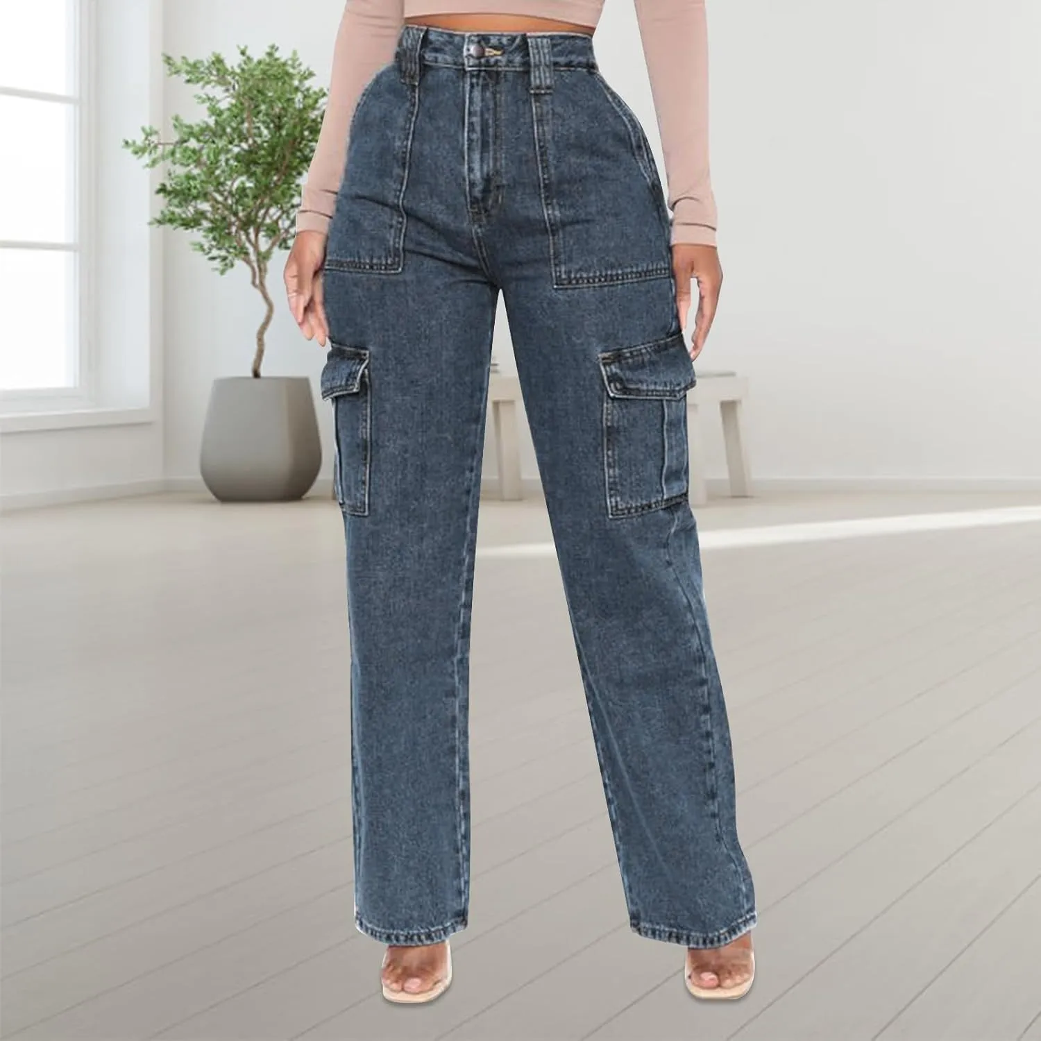 Cargo Jeans for Women Stretch High Waisted Wide Leg Denim Pants Y2K Straight Leg Trendy Loose Boyfriends Jeans