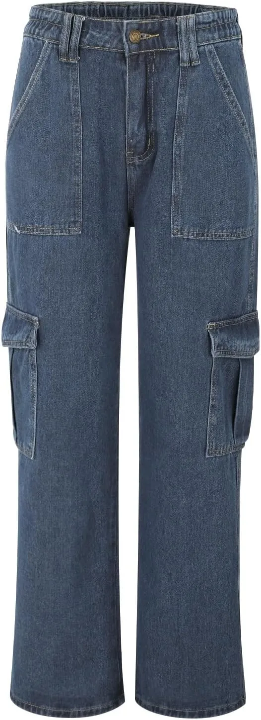 Cargo Jeans for Women Stretch High Waisted Wide Leg Denim Pants Y2K Straight Leg Trendy Loose Boyfriends Jeans