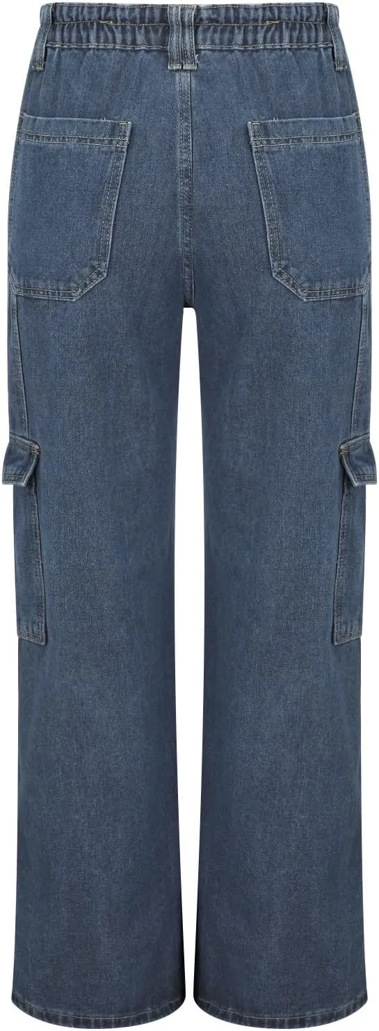Cargo Jeans for Women Stretch High Waisted Wide Leg Denim Pants Y2K Straight Leg Trendy Loose Boyfriends Jeans