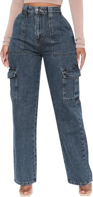 Cargo Jeans for Women Stretch High Waisted Wide Leg Denim Pants Y2K Straight Leg Trendy Loose Boyfriends Jeans
