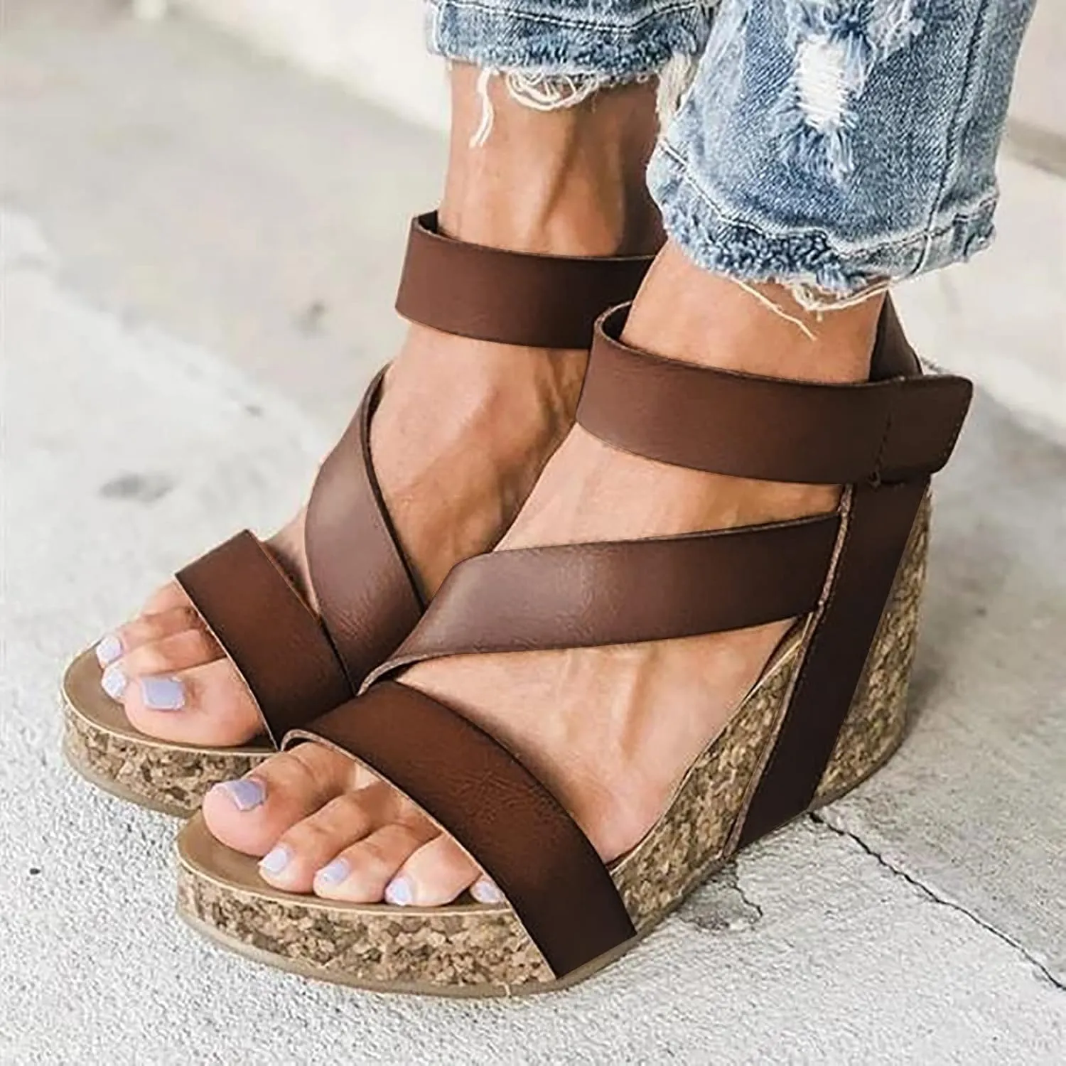Cathalem Sandals For Women Summer Orthopedic Leather Wedge Platform Sandals Open Toe Sandals Shoes