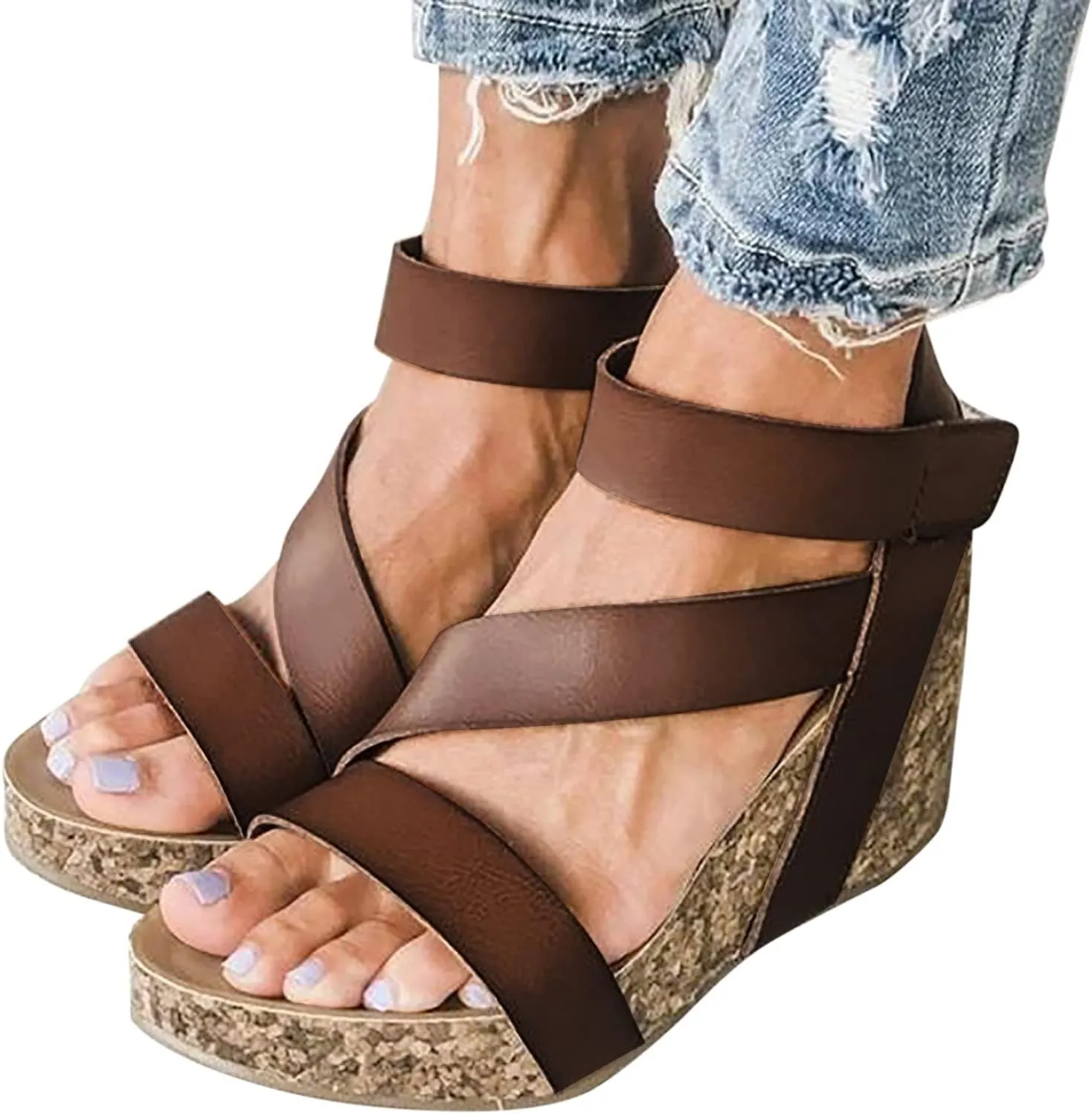Cathalem Sandals For Women Summer Orthopedic Leather Wedge Platform Sandals Open Toe Sandals Shoes