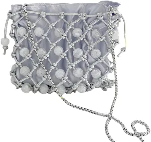 Chic Vintage Handwoven Pearls Crossbody Bag for Women PU Fashion Shoulder Purse Sophisticated Lady's Satchel