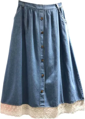chouyatou Women's Casual Elastic Waist Denim Skirt Lace Ruffle Hem Pleated Midi Long Jean Skirt with Pockets