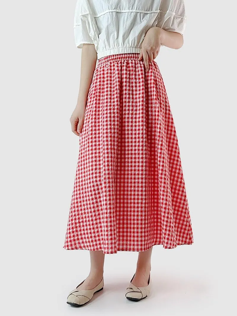 chouyatou Women's Casual Elastic Waist Plaid Skirt Gingham Swing Pleated Midi Long Skirt with Pockets