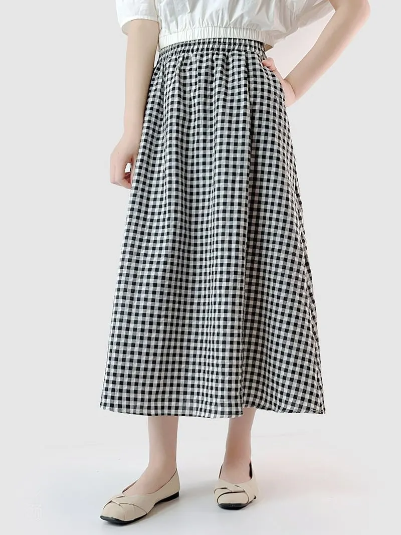 chouyatou Women's Casual Elastic Waist Plaid Skirt Gingham Swing Pleated Midi Long Skirt with Pockets