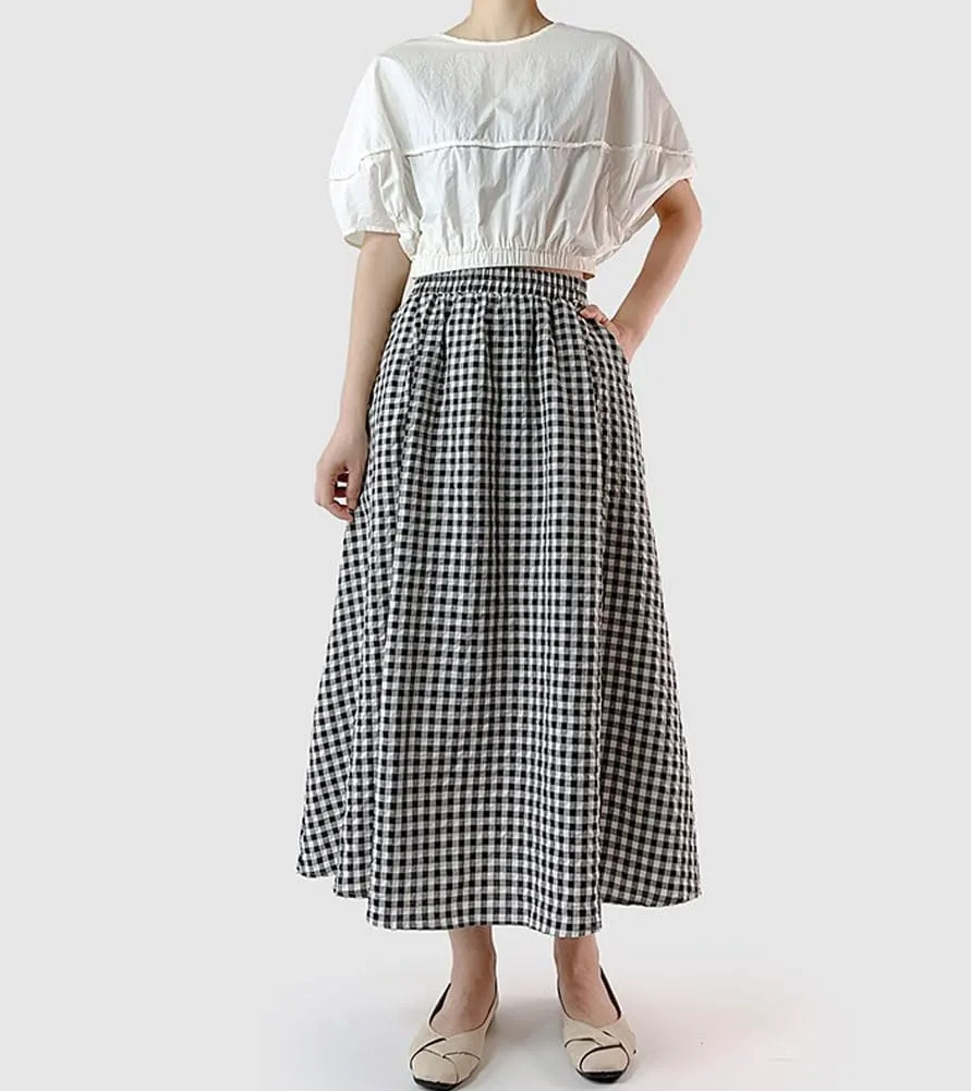 chouyatou Women's Casual Elastic Waist Plaid Skirt Gingham Swing Pleated Midi Long Skirt with Pockets