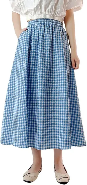 chouyatou Women's Casual Elastic Waist Plaid Skirt Gingham Swing Pleated Midi Long Skirt with Pockets