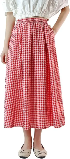 chouyatou Women's Casual Elastic Waist Plaid Skirt Gingham Swing Pleated Midi Long Skirt with Pockets