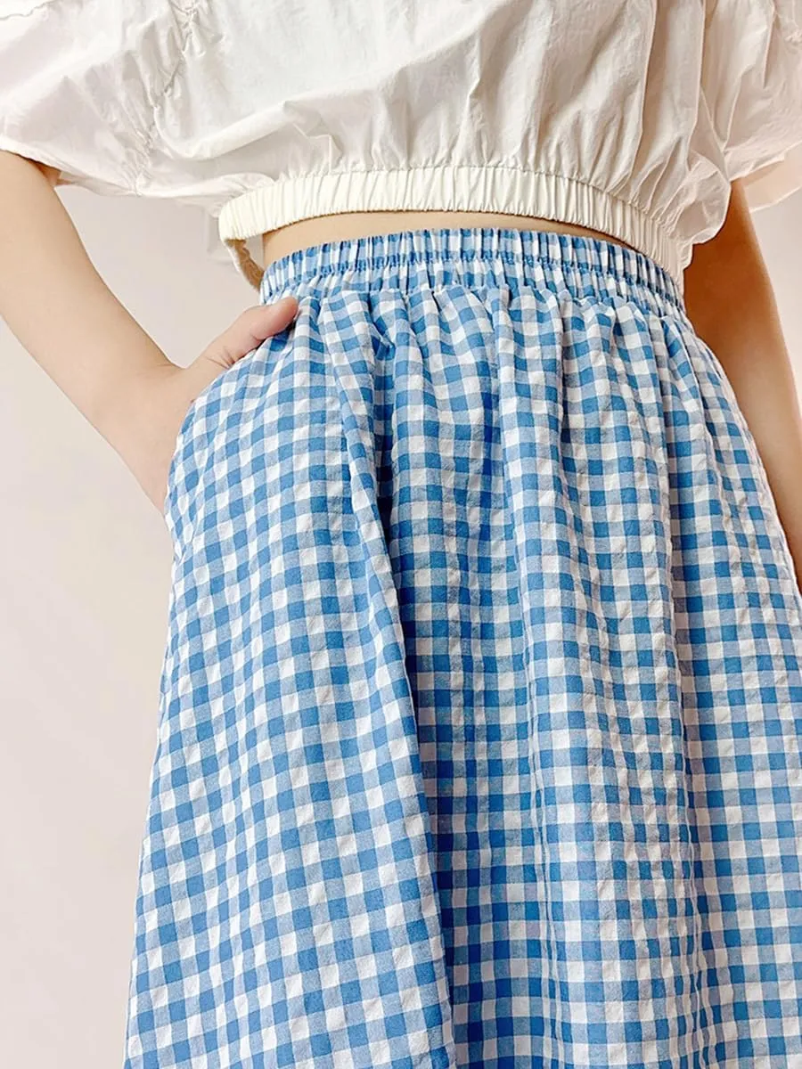 chouyatou Women's Casual Elastic Waist Plaid Skirt Gingham Swing Pleated Midi Long Skirt with Pockets