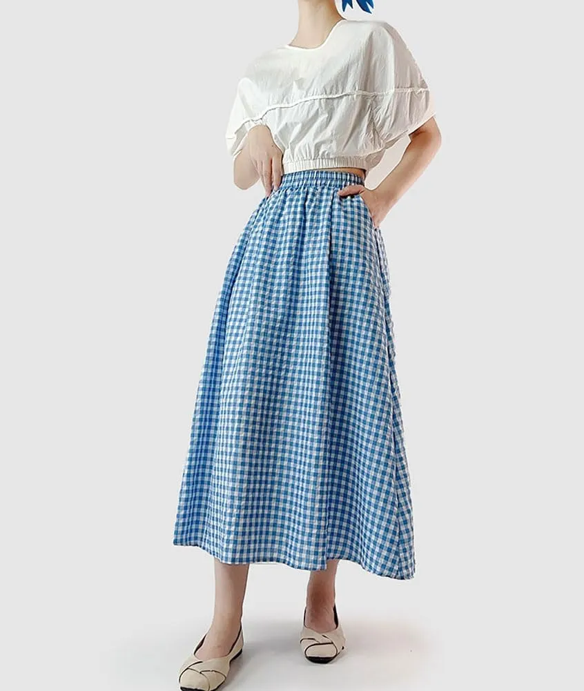 chouyatou Women's Casual Elastic Waist Plaid Skirt Gingham Swing Pleated Midi Long Skirt with Pockets