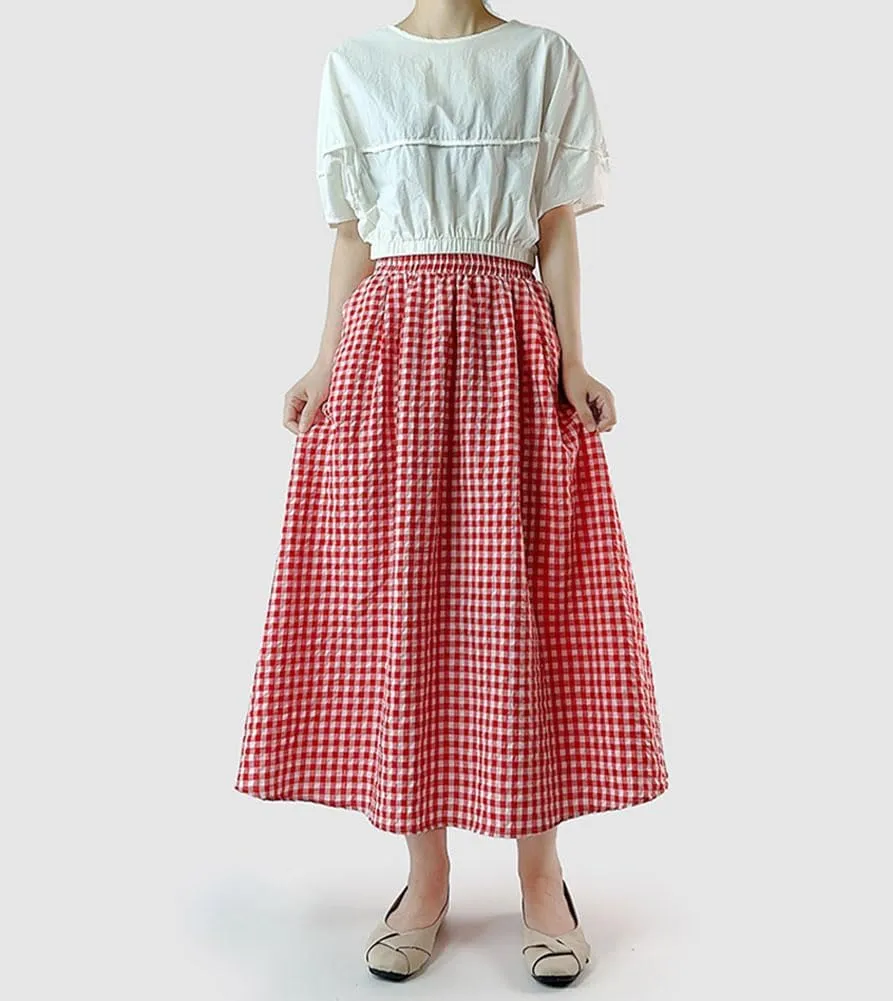 chouyatou Women's Casual Elastic Waist Plaid Skirt Gingham Swing Pleated Midi Long Skirt with Pockets