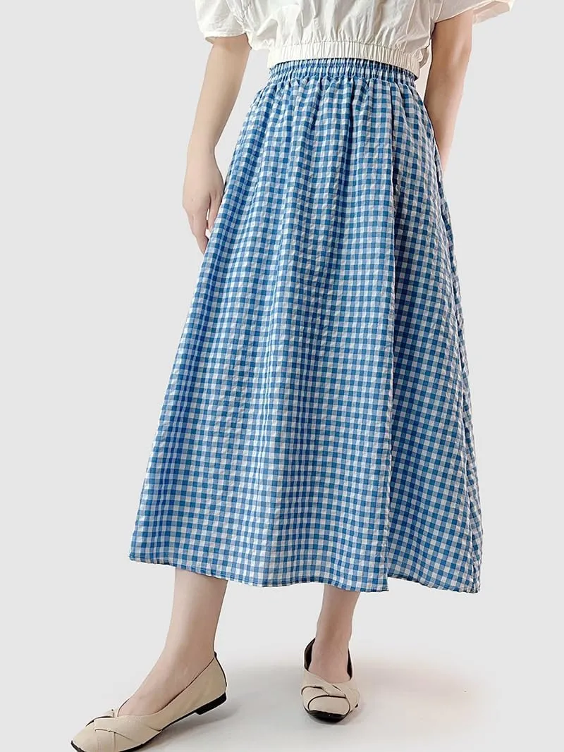 chouyatou Women's Casual Elastic Waist Plaid Skirt Gingham Swing Pleated Midi Long Skirt with Pockets
